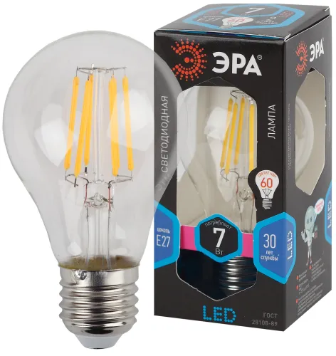 Лампа светодиодная филаментная F-LED A60-7W-840-E27 (филамент, груша, 7Вт, нейтр., Е27) (10/100/1500