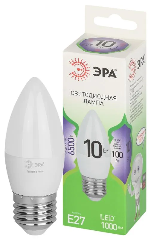 Лампа светодиодная GREEN LINE B35-10W-865-E27 GL E27 10Вт свеча свет холод. Эра Б0067125