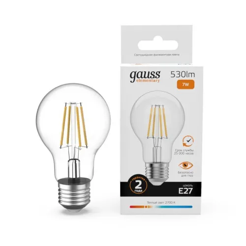 Лампа светодиодная филаментная Filament Elementary А60 7Вт 2700К Е27 530лм GAUSS 22217