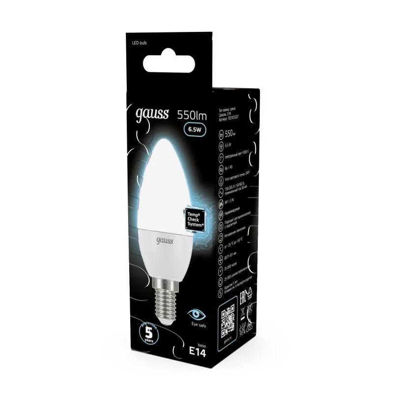 Лампа светодиодная LED 6,5Вт E14 220В 4100К свеча | 103101207 | Gauss