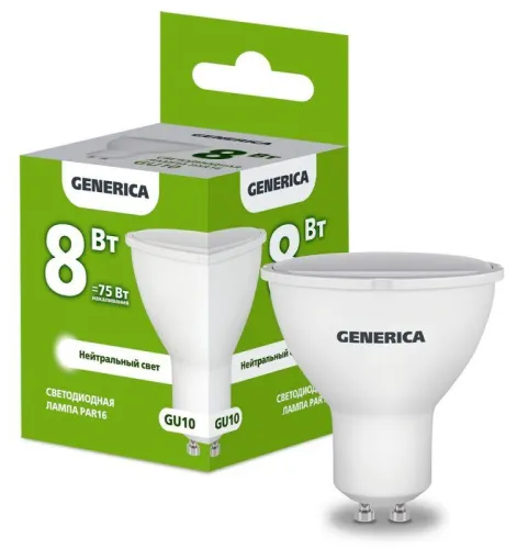 Лампа светодиодная PAR16 софит 8Вт 230В 4000К GU10  | LL-PAR16-08-230-40-GU10-G | GENERICA
