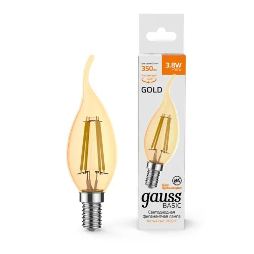 Лампа Gauss Basic Filament Свеча на ветру 3,8W 350lm 2400К Е14 golden LED 1/10/50 1047154