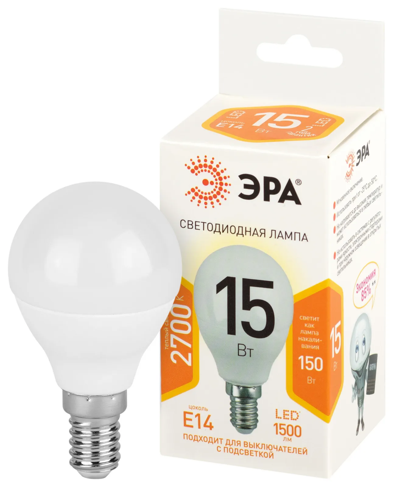 Лампа светодиодная STD LED P45-15W-827-E14 15Вт шар тепл. бел. свет Е14 Эра Б0066793