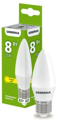 Лампа светодиодная C35 свеча 8Вт 230В 3000К E27  | LL-C35-08-230-30-E27-G | GENERICA