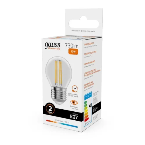 Лампа светодиодная филаментная Filament Elementary 12Вт шар 2700К Е27 730лм GAUSS 52212
