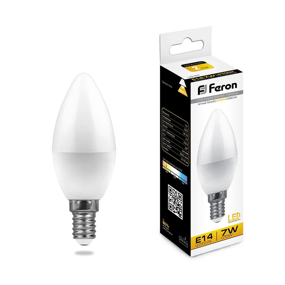 Лампа светодиодная LB-97 7Вт C37 свеча 2700К E14 230В FERON 25475