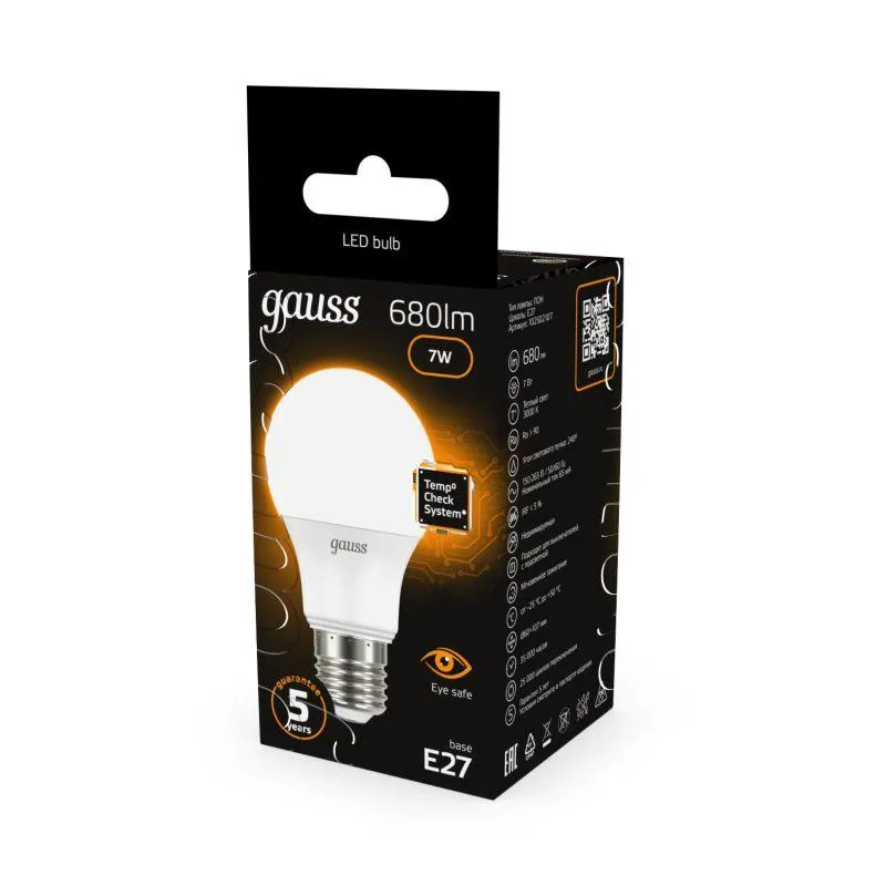 Лампа светодиодная Black 7Вт A60 грушевидная 3000К тепл. бел. E27 680лм GAUSS 102502107