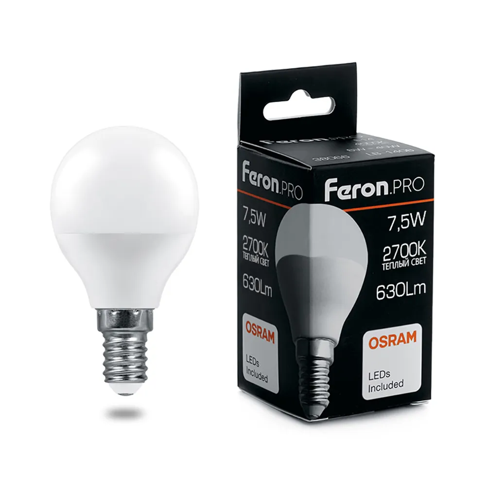Лампа светодиодная LB-1407 7.5Вт G45 шар 2700К E14 230В FERON 38071