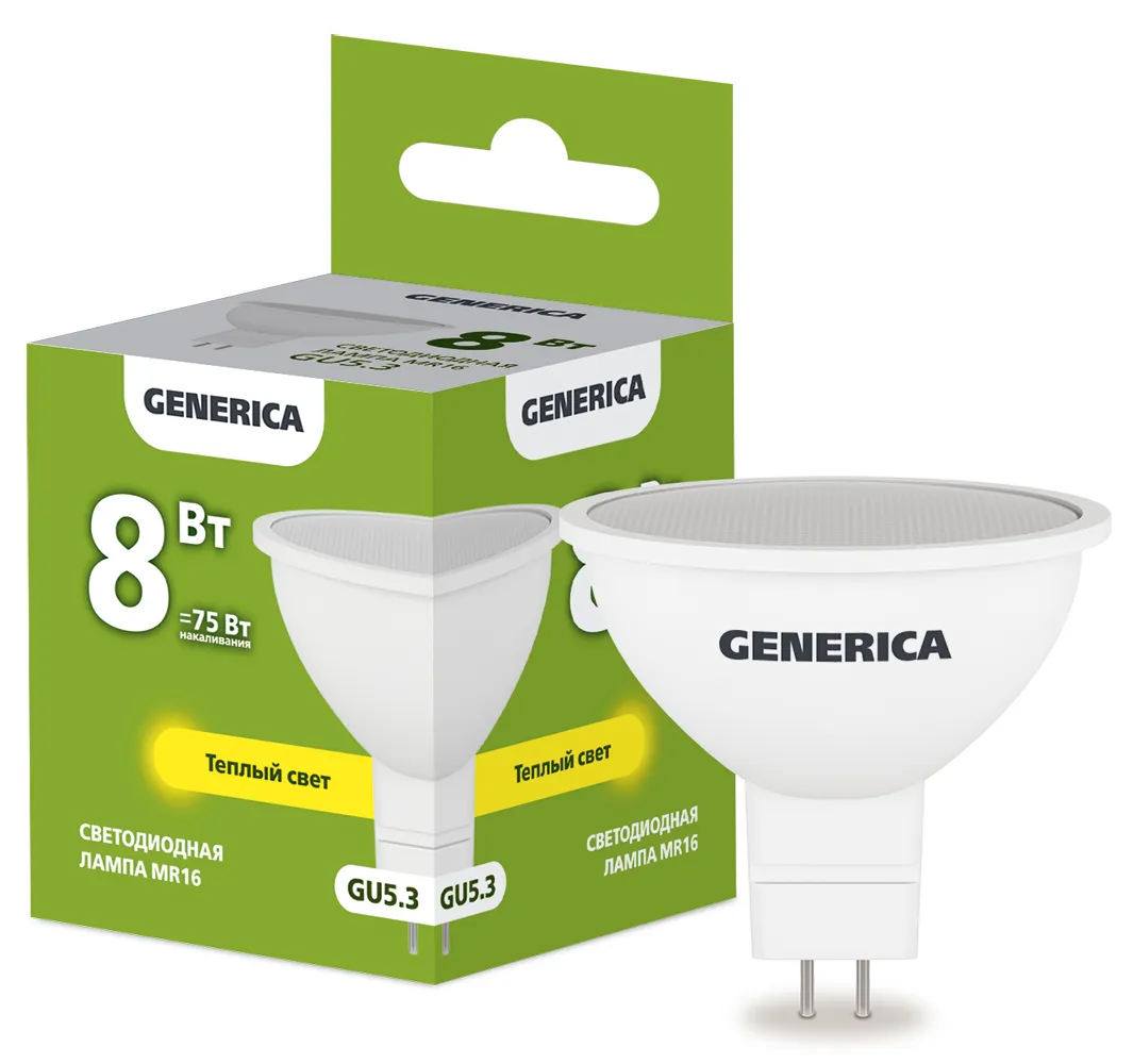 Лампа светодиодная MR16 софит 8Вт 230В 3000К GU5.3  | LL-MR16-08-230-30-GU5-G | GENERICA