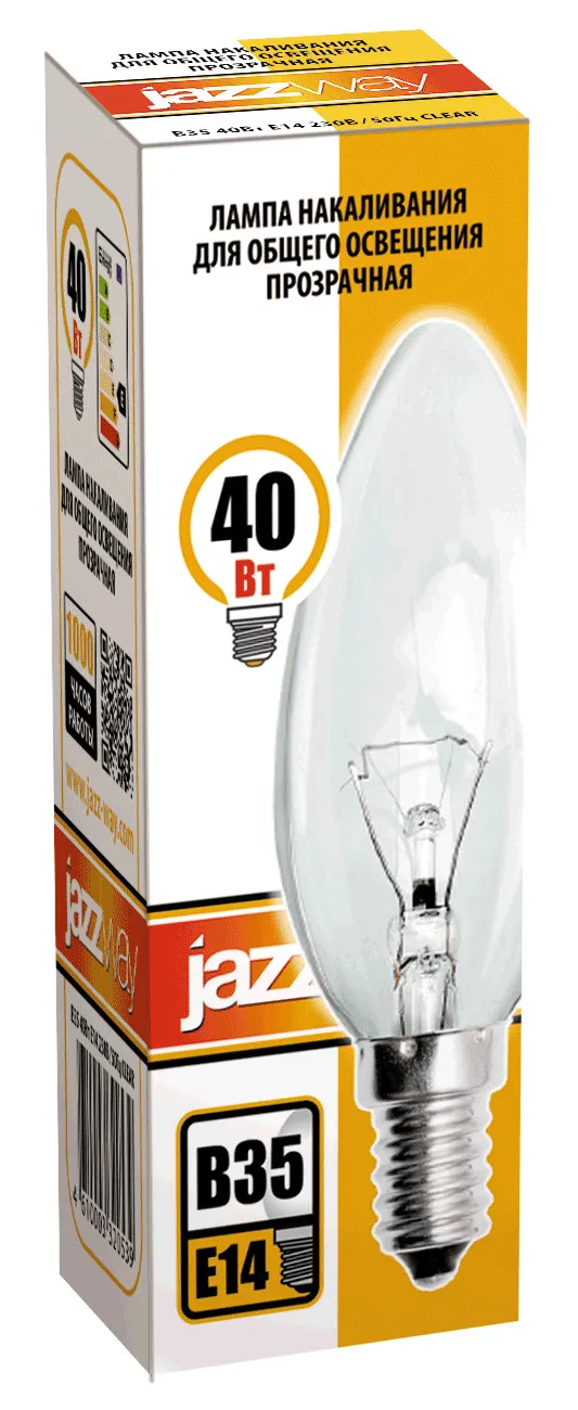 Лампа накаливания ЛОН 40Вт E14 240В B35 clear | 3320539 | Jazzway