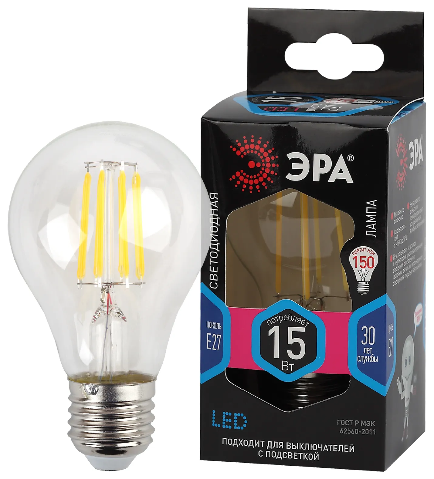 Лампа светодиодная F-LED A60-15W-840-E27 (филамент, груша, 15Вт, тепл, Е27) | Б0046983 | ЭРА