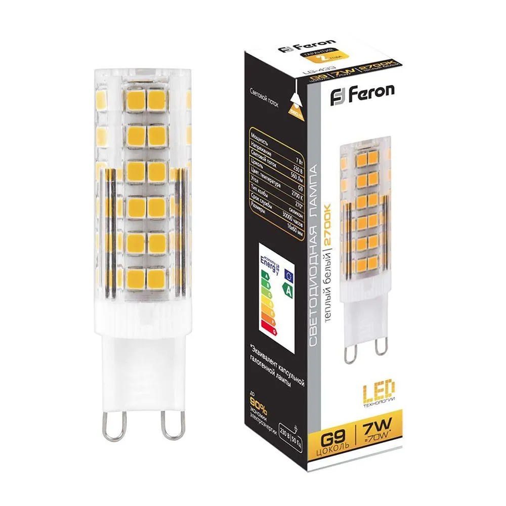 Лампа светодиодная LB-433 7Вт JCD9 2700К G9 230В FERON 25766