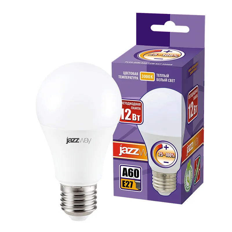Лампа светодиодная LED 12Вт Е27 220В 3000К PLED- DIM A60 груша | 2855879 | Jazzway