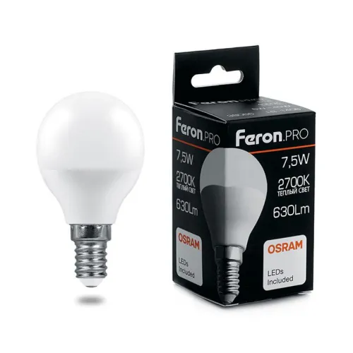 Лампа светодиодная LB-1407 7.5Вт G45 шар 2700К E14 230В FERON 38071