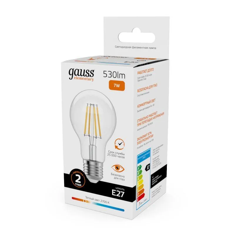 Лампа светодиодная филаментная Filament Elementary А60 7Вт 2700К Е27 530лм GAUSS 22217