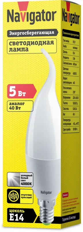 Лампа светодиодная LED 5Вт Е14 230В 4000К NLL-P-FC37-5-230-4K-E14-FR свеча на ветру матовая | 61026 