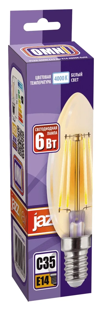 Лампа светодиодная филаментная PLED OMNI 6Вт C35 4000К нейтр. бел. E14 230В/50Гц Gold JazzWay 502066