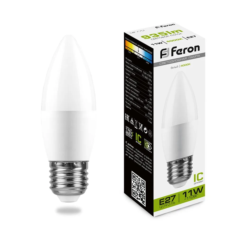 Лампа светодиодная LB-770 (11W) 230V E27 4000K свеча | 25944 | FERON