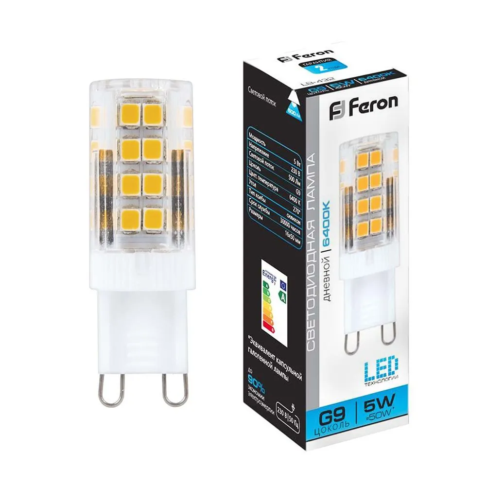 Лампа светодиодная LB-432 5Вт JCD9 6400К G9 230В FERON 25771