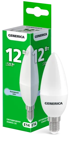 Лампа светодиодная C35 12Вт свеча 6500К E14 230В GENERICA LL-C35-12-230-65-E14-G