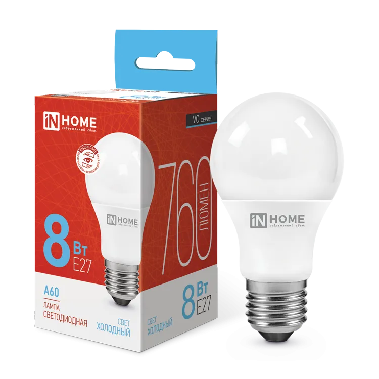 Лампа светодиодная LED-A60-VC 8Вт грушевидная 6500К холод. бел. E27 760лм 230В IN HOME 4690612024042