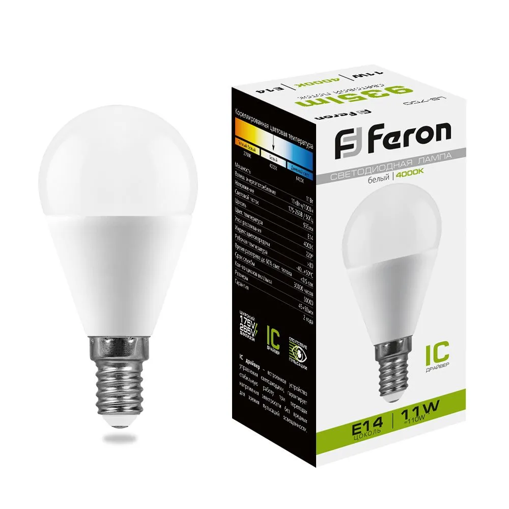 Лампа светодиодная LB-750 11Вт G45 шар 4000К E14 230В FERON 25947