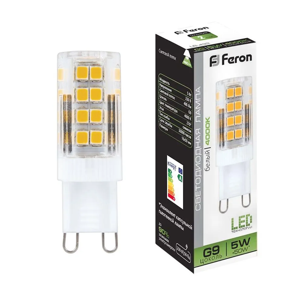 Лампа светодиодная LB-432 5Вт JCD9 4000К G9 230В FERON 25770