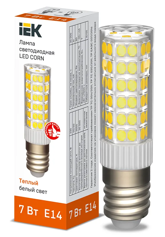 Лампа светодиодная CORN капсула 7Вт 230В 3000К керамика E14 IEK | LLE-CORN-7-230-30-E14 | IEK