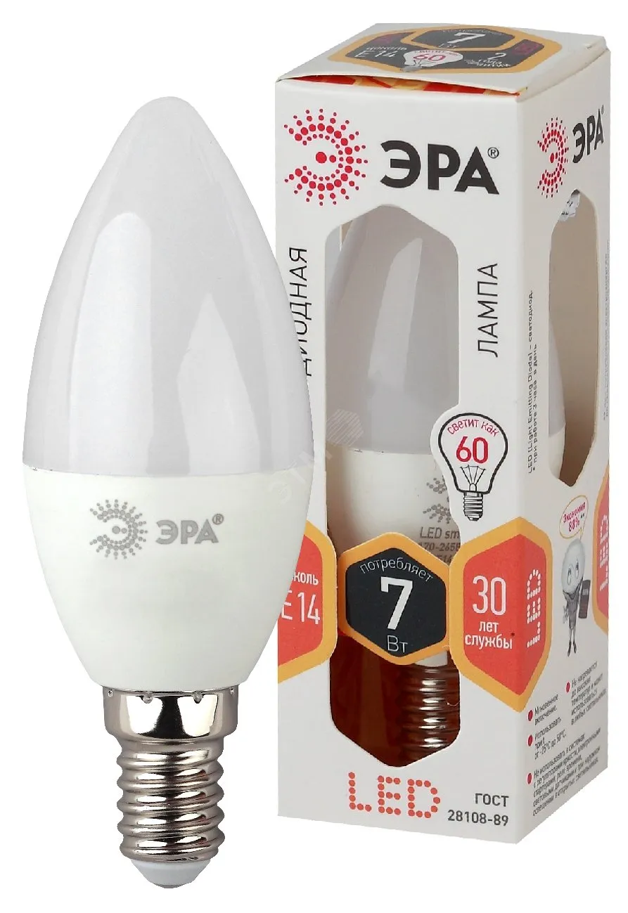Лампа светодиодная LED 7Вт E14 220В 2700К B35 свеча | Б0020538 | ЭРА
