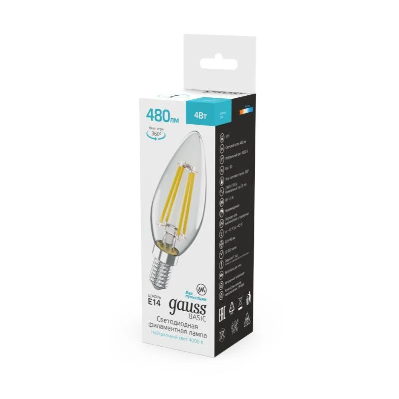 Лампа Gauss Basic Filament Свеча 4W 480lm 4000K E14 LED 1/10/50 50312242