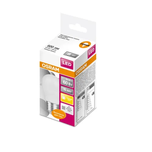 Лампа светодиодная 6.5 Вт E27 3000 K 550 Lm 200 град. OSRAM 4058075134355