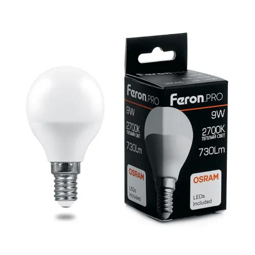Лампа светодиодная LB-1409 9Вт G45 шар 2700К E14 230В FERON 38077