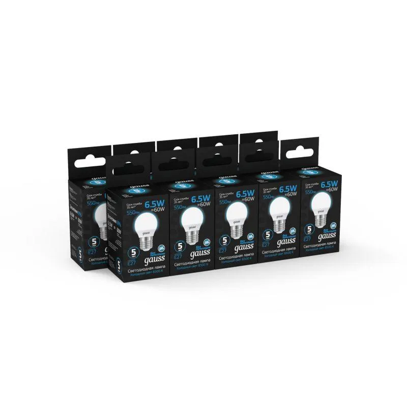 Лампа светодиодная Black 6.5Вт P45 шар 6500К холод. бел. E27 550лм GAUSS 105102307
