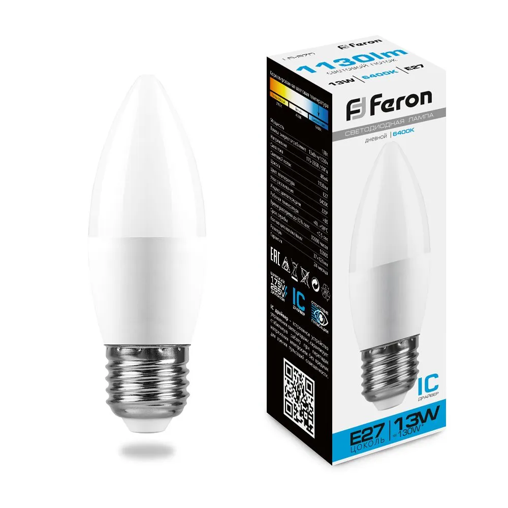 Лампа светодиодная LB-970 13Вт C37 свеча 6400К E27 230В FERON 38112