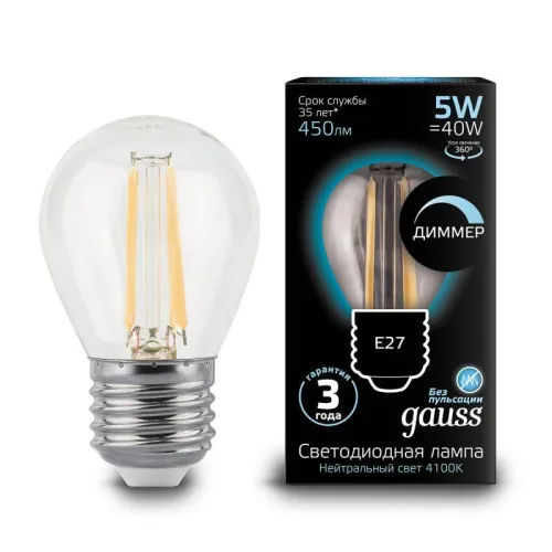 Лампа светодиодная филаментная Black Filament 5Вт P45 шар 4100К нейтр. бел. E27 450лм диммир. GAUSS 