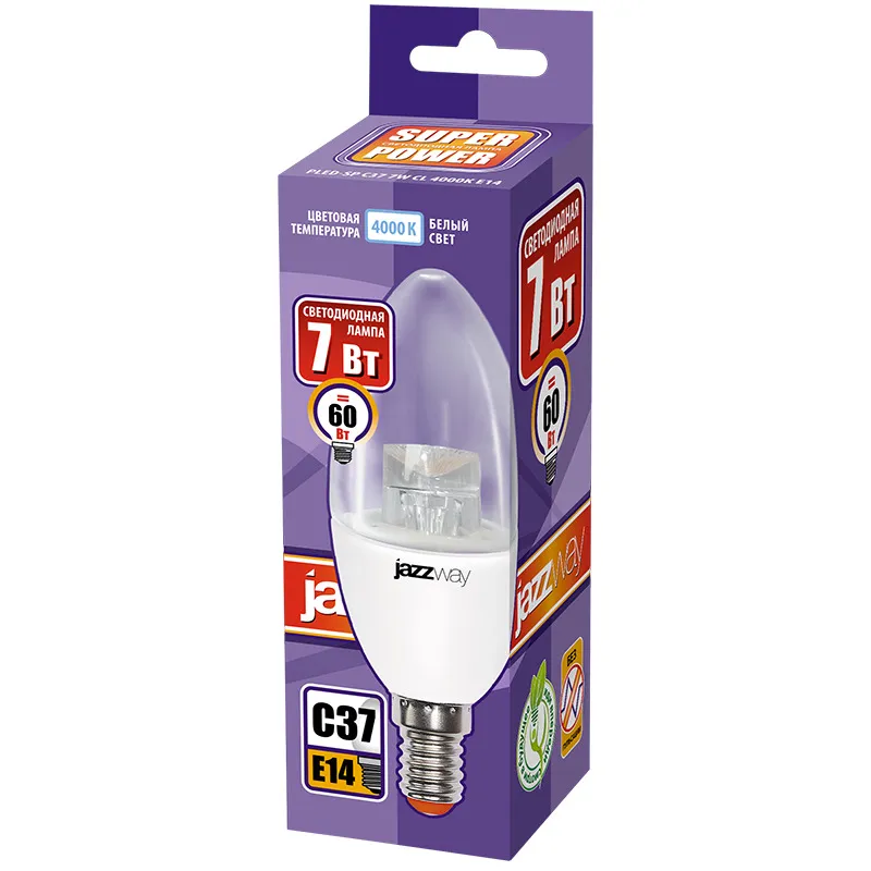 Лампа светодиодная PLED-SP 7Вт C37 свеча 4000К нейтр. бел. E14 540лм 230В clear CL JazzWay 2853127