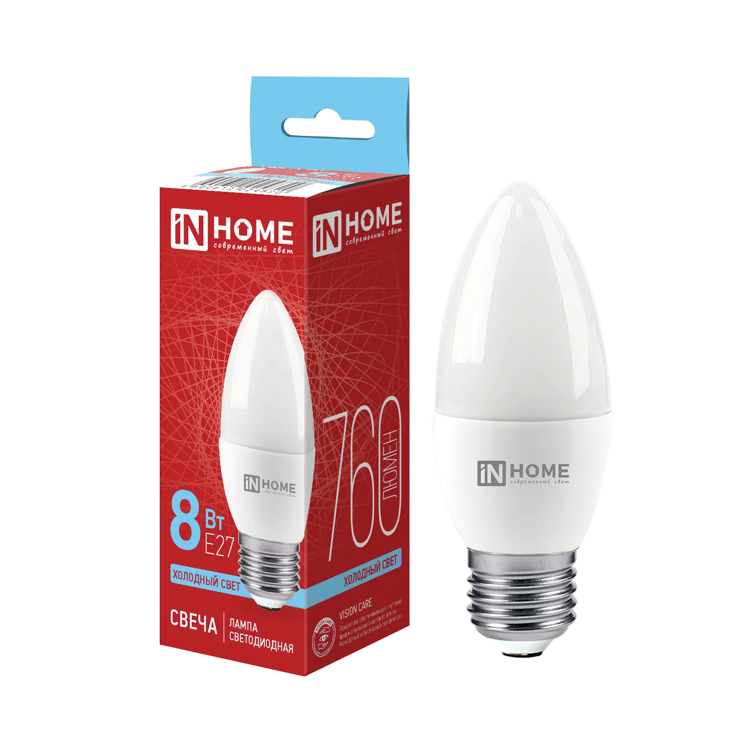 Лампа светодиодная LED-СВЕЧА-VC 8Вт свеча 6500К холод. бел. E27 760лм 230В IN HOME 4690612024820