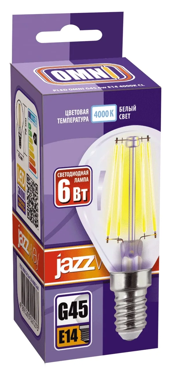 Лампа светодиодная филаментная PLED OMNI 6Вт G45 4000К нейтр. бел. E14 230В/50Гц CL JazzWay 5021037