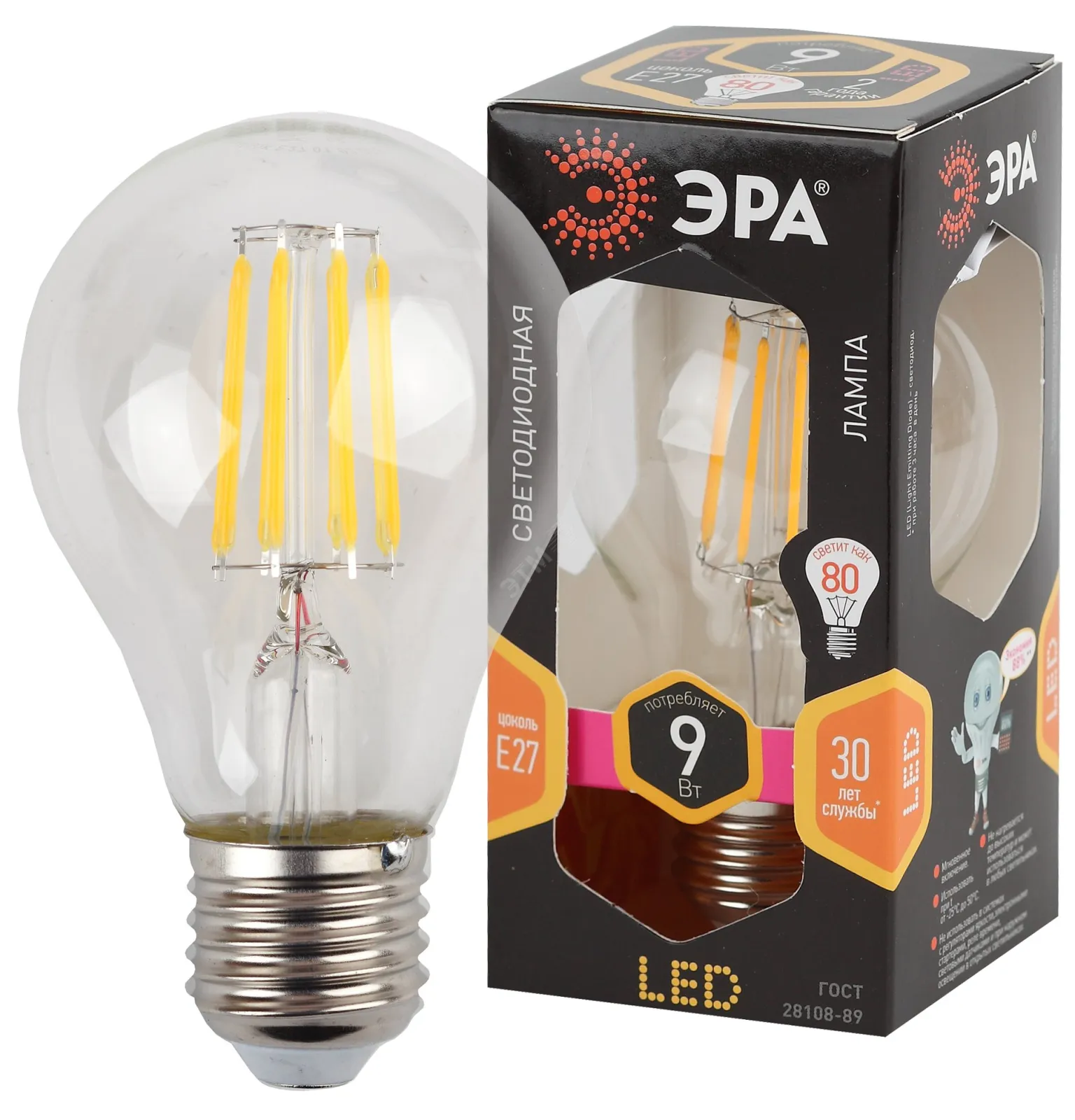 Лампа светодиодная F-LED A60-9W-827-E27 (филамент, груша, 9Вт, тепл, Е27) | Б0043433 | ЭРА