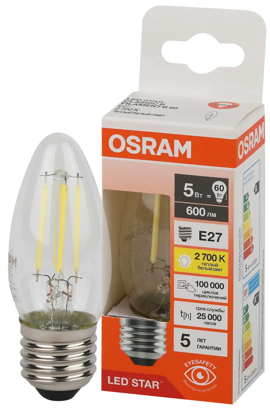 Лампа светодиодная филаментная LSCLB60 5W/827 230VFILCL 5Вт 2700К тепл. бел. E27 600лм B угол пучка 
