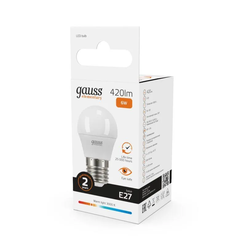 Лампа светодиодная LED 6Вт E27 220В 2700К Elementary шар | 53216 | Gauss