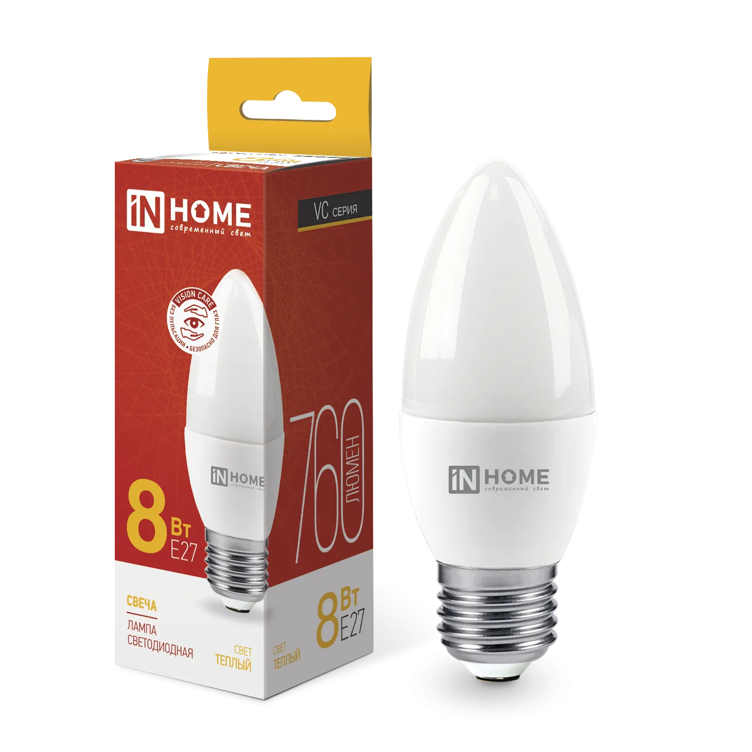 Лампа светодиодная LED-СВЕЧА-VC 8Вт свеча 3000К тепл. бел. E27 760лм 230В IN HOME 4690612020440