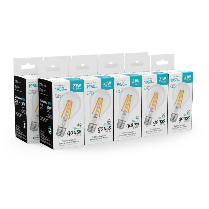 Лампа Gauss Basic Filament А70 21W 1950lm 4100К Е27 LED 1/10/40 40712212