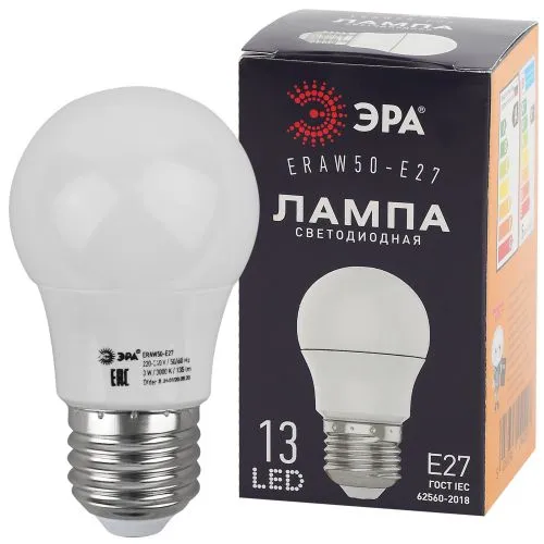 Лампы cветодиодные ERAW50-E27 LED A50-3W-E27 (диод. груша бел., 13SMD, 3W, E27, для белт-лайт) (10/1