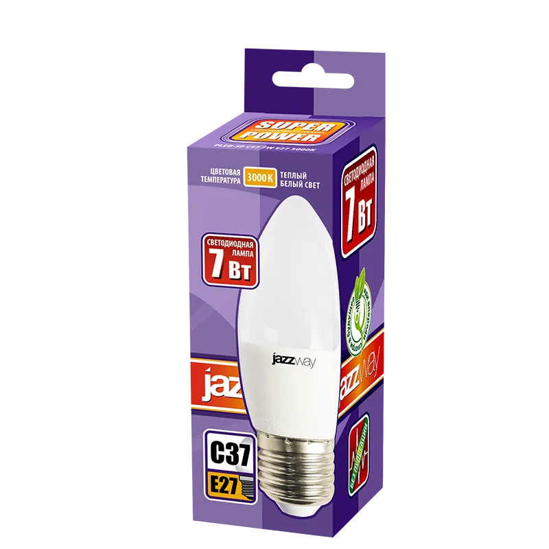 Лампа светодиодная LED 7Вт Е27 220В 3000К PLED- SP C37 свеча | 1027825-2 | Jazzway