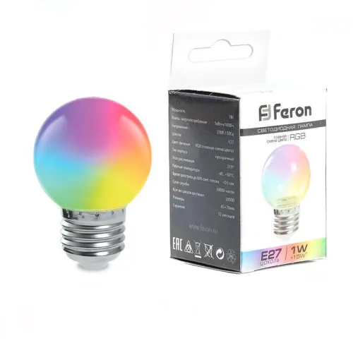 Лампа светодиодная LB-37 1Вт G45 шар матовая E27 230В RGB быстрая смена цвета FERON 38126