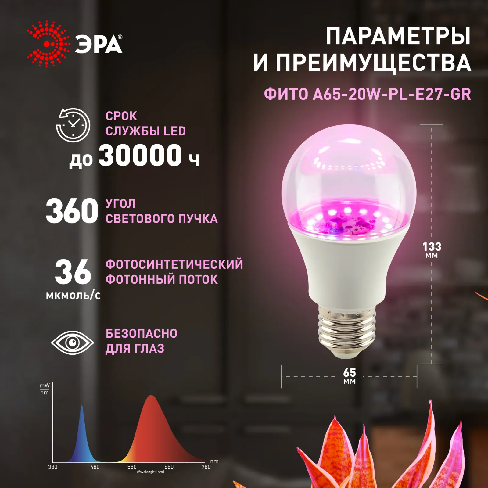 Фитолампа светодиодная для растений GREEN LINE ФИТО A65-20W-PL-E27-GR розового свечения 20Вт ЭРА Б00