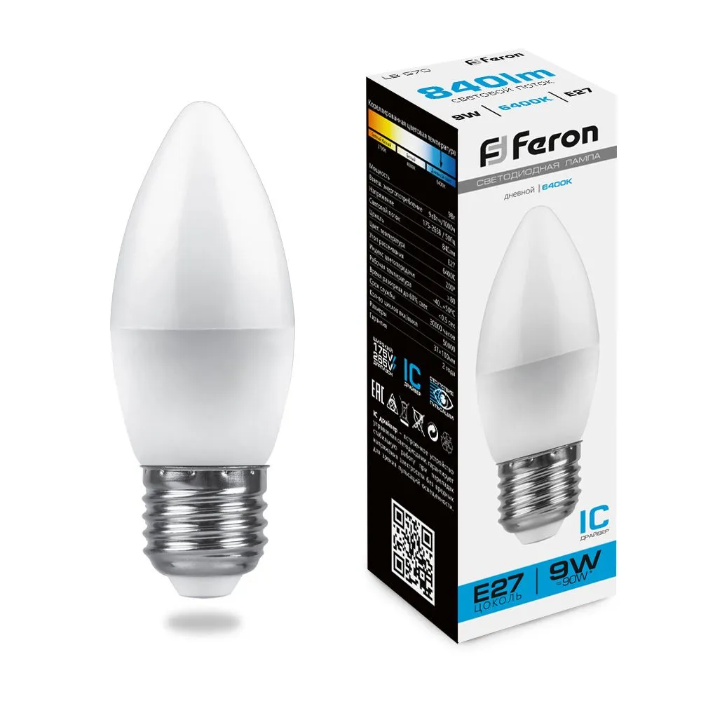 Лампа светодиодная LB-570 9Вт C37 свеча 6400К E27 230В FERON 25938