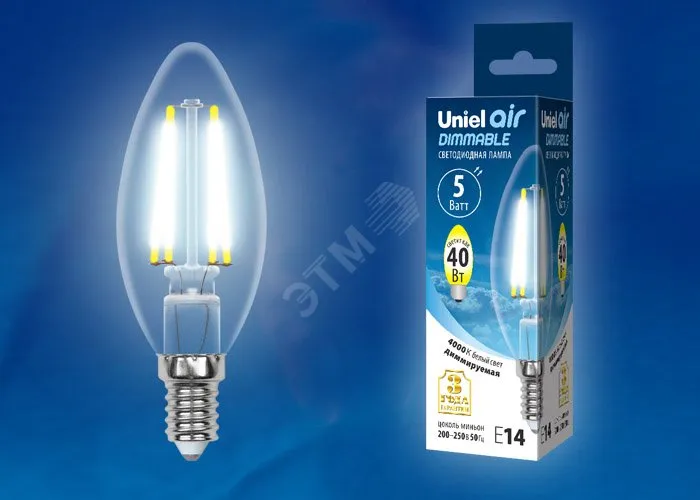 Лампа светодиодная LED-C35-5W/NW/E14 /CL/DIM GLA01TR Air 5Вт свеча прозрачная 4000К нейтр. бел. E14