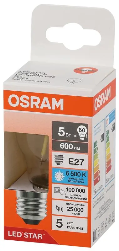 Лампа светодиодная, филаментная 5 Вт E27 6500 K 600 Lm 300 град. LED Star OSRAM 4058075688315